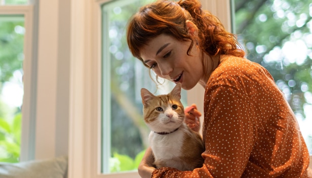 Ženě sedí na klíně zrzavobílá kočka.